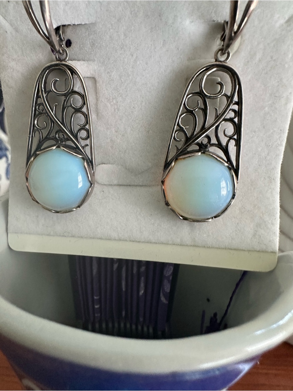 Sterling Silver Filigree Earrings with Opalescent Blue Cabochons Moon Stone